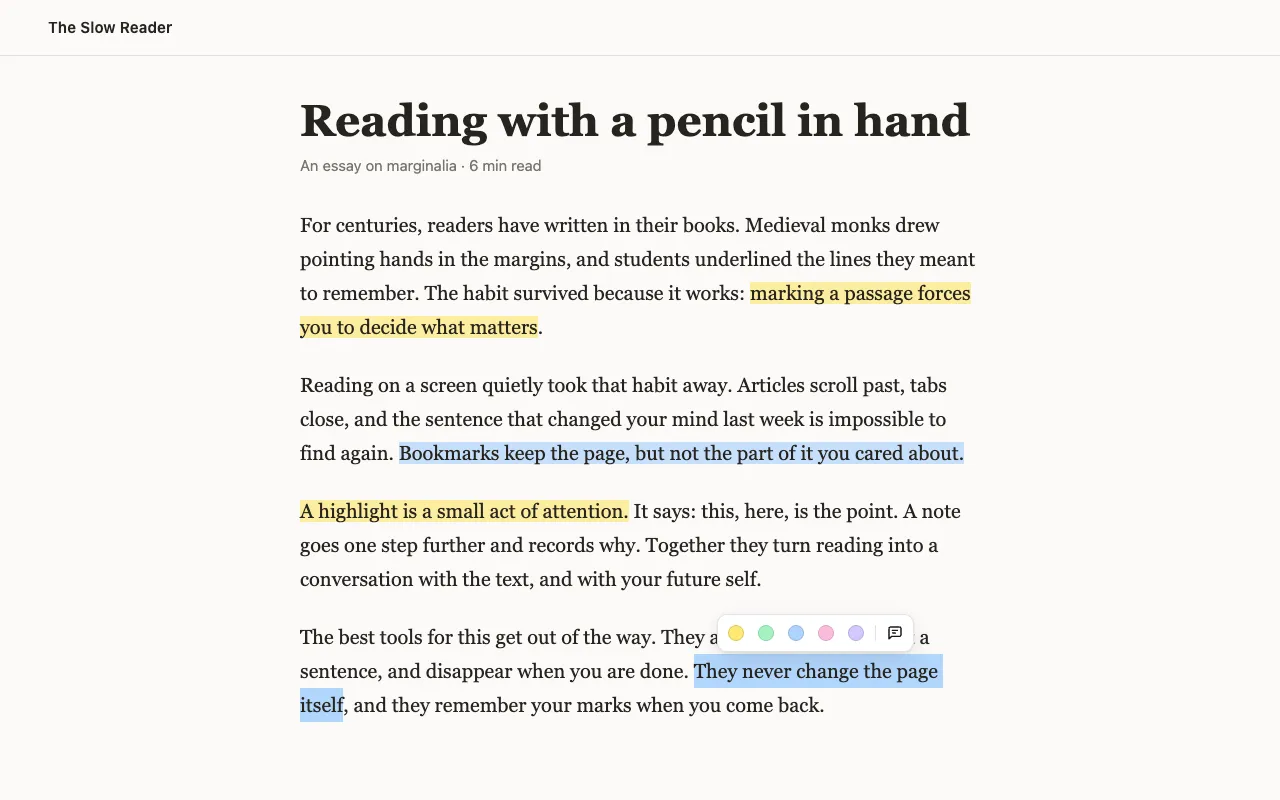 An article with yellow and blue highlights, and penciled’s toolbar open over a selected sentence.